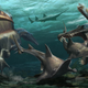 Depiction of two spinosaurs hunting Onchopristis, a Cretaceous sawfish.